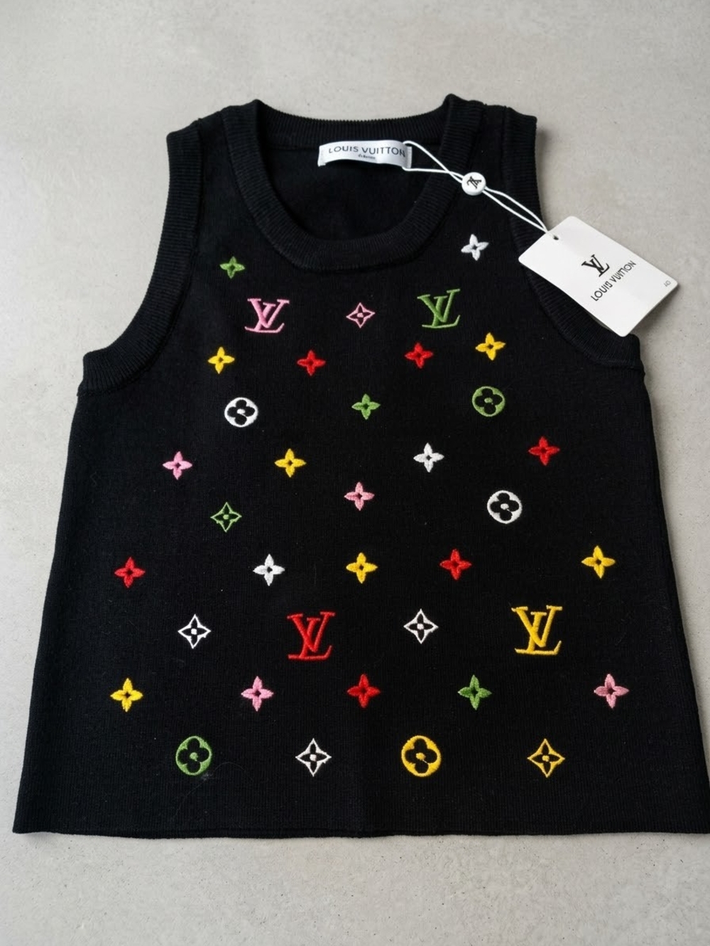 Brand New Black Sleeveless Tank with Multicolor Embroidery